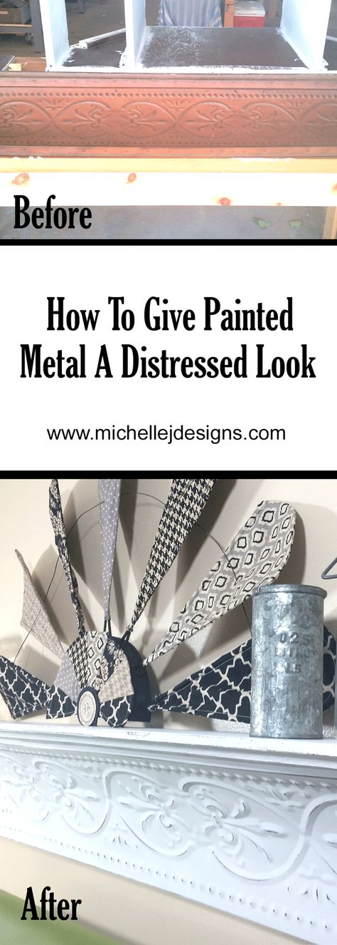 Do you love the distressed look on your painted furniture? Let me show you how easy it is to give painted metal a distressed look you will love! - www. michellejdesigns.com Distressing Painted Wood, Distressing Chalk Paint, Metallic Painted Furniture, Paint Projects, Furniture Redo, Distressed Painting, How To Make Paint, How To Give, Diy Decor Crafts