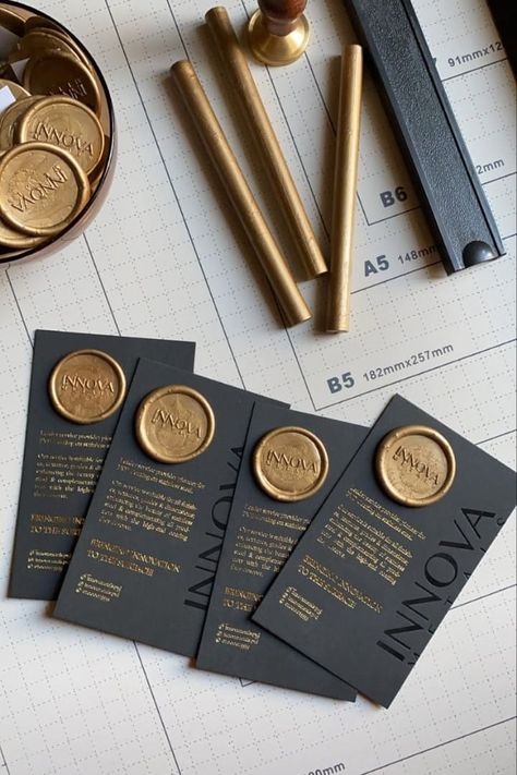 customized gold seals Wax Seal Business Card, Gold Stamping Packaging, Luxury Thank You Card Business, Wax Stamp Packaging, Thank You Packaging, Luxury Thank You Card, Black Packaging Ideas, Luxury Business Card Design Creative, Luxury Business Cards Unique