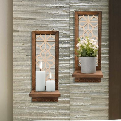 PRICES MAY VARY. 【Premium Material】Our wooden wall candle holders are made of 100% premium wood, with strong corrosion resistance. The wood grains are retained on the surface. Each bathroom shelf decor includes two hanging attachments on the top, convenient to hang on the wall. 【Special Wall Decor】The wall sconces set of two with mirror and decorative pattern in rustic style are wonderful wall arts for decorations. Different combinations with other decorations make them blend into your home in d Candle Sconces Living Room Wall Decor, Wood Wall Candle Holders, Diy Wall Sconces, Wooden Wall Candle Holders, Floating Mirror, Wall Vase Decor, Wall Decorations For Living Room, Wall Candle Holder, Mirror Sconces