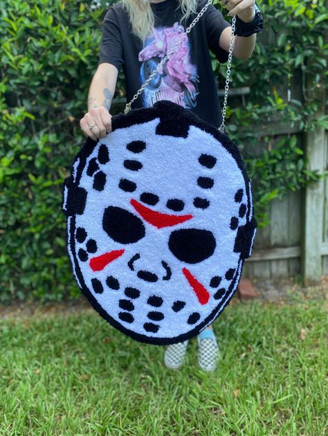 Jason Friday the 13th Hand Tufted Wall Hanging Rug 25.5 in x 21 in I suggest my rugs to be used as wall hangings and do not advise them to be used in high traffic areas. Rug will come with clip on chain to hang, I suggest using two thumbtacks or small nails to hang it so it lays flat against the wall. Ghost Face Rug, Jason Friday The 13th, Halloween Rugs, Tufting Rugs, Tufted Wall, Tufting Ideas, Tufting Diy, Jason Friday, Funky Rugs