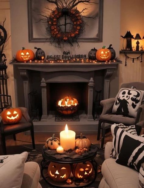 DIY Halloween Aesthetic Decor which are fright-worthy Halloween Theme Living Room, Halloween Mantels Ideas, Halloween Living Room Aesthetic, Halloween Fall Decorations Indoor, Halloween Inside Decor, Halloween Decorations Indoor Living Room, Halloween Interior Decor, Cozy Halloween Aesthetic, Halloween Home Decor Indoor