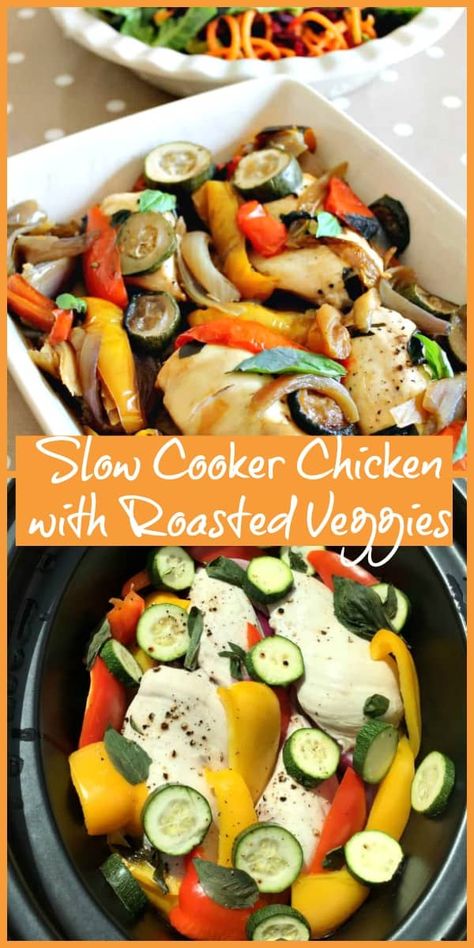 Slow Cooker Mediterranean Chicken, Mediterranean Roasted Vegetables, Vegetable Crockpot Recipes, Slow Cooker Kip, Slow Cooker Mediterranean, Chicken With Roasted Vegetables, Mediterranean Vegetables, Summer Crockpot Recipes, Crockpot Chicken Healthy