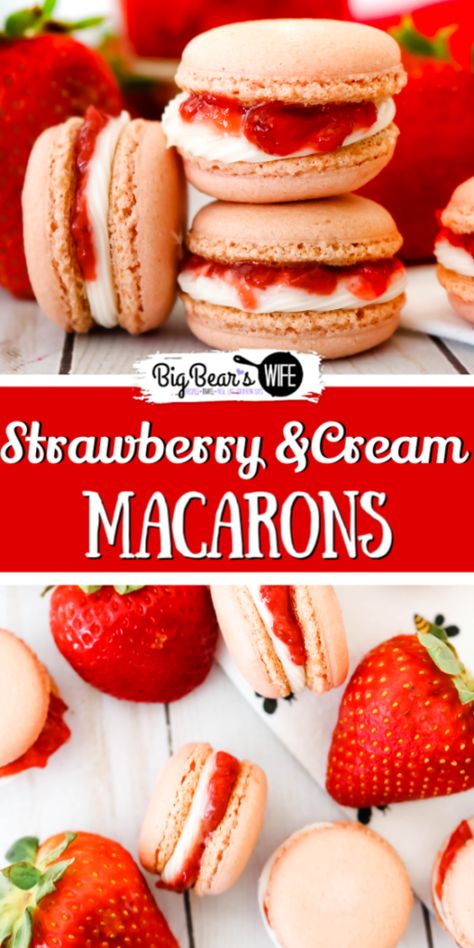 Easy Macaroons Recipe, Cream Macarons, French Macaroon Recipes, Strawberry And Cream, Homemade Strawberry Sauce, Macaroon Cookies, Macaron Flavors, Macaron Cookies, Macaroon Recipes