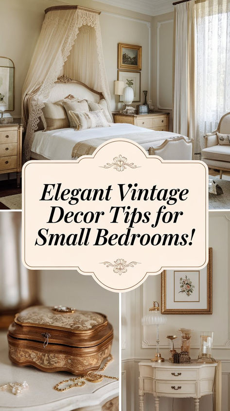 Elevate your small bedroom with elegant vintage decor ideas! Opt for a vintage-inspired bedspread and add a couple of antique accent pillows for a stylish touch. Consider using a delicate chandelier or vintage sconces to create ambient lighting. Incorporate a small writing desk or vanity from a bygone era to maximize functionality while maintaining charm. Layer rugs for warmth and texture, and choose muted colors to enhance the cozy atmosphere.  #ElegantHome #VintageStyle #BedroomInspo Audrey Hepburn Inspired Bedroom, Vintage Bedroom Lamps, Small French Bedroom, Vintage Style Bedroom Ideas, Simple Vintage Bedroom, Vintage Master Bedrooms Decor, Vintage Aesthetic Bedroom Ideas, Tips For Small Bedrooms, Cozy Vintage Bedroom