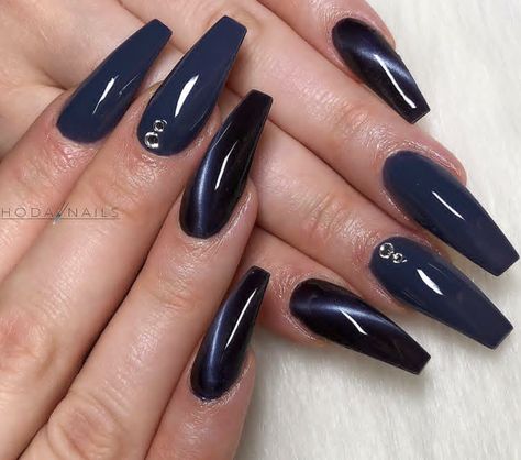 Ballerina Nails. Acrylic Nails. Cat eye Nails. Blue Nails. Nails with Rhinestones. Cat Eye Nails Blue, Black Sparkle Nails, Nails Cat Eye, Concert Nails, Nails With Rhinestones, Dark Blue Nails, Navy Nails, Navy Blue Nails, Eye Nails