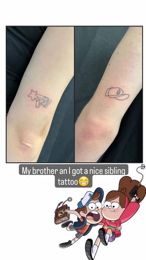 Opposite Sibling Tattoo, Funny Siblings Tattoo, Dipper And Mabel Tattoo Ideas, Cool Matching Sibling Tattoos, Gravity Falls Tatoos Ideas, Gravity Falls Dipper Tattoo, Aesthetic Sibling Tattoos, Tattoo Ideas For Three Siblings, Brother Sister Tattoo Pokemon