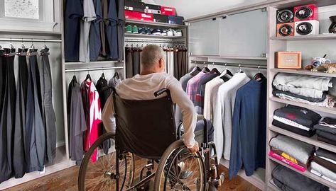 Wheelchair accessible closet design Accessible Bedroom Wheelchair, Wheelchair Accessible Bedroom Ideas, Wheelchair Accessible Closet, Wheelchair Bedroom, Accessible Living Room, Wheelchair Accessible Bedroom, Handicapped Accessible House Plans, Accessible Closet, Accessible Bedroom