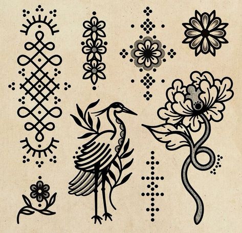 Traditional Danish Tattoo, Folk Tattoo Scandinavian, Traditional Slavic Tattoo, German Folk Art Tattoo, Japanese Ornamental Tattoo, 70s Tattoo Vintage, Geometric Blackwork Tattoo, Nordic Folk Art Tattoo, Folk Traditional Tattoo