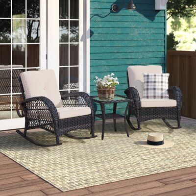 This lovely wicker conversation set features 2 big-sized rocking chairs, made of sturdy steel frames and handwoven weather-resistant wicker. A spacious deep seat with 3 in. thick comfortable cushions will relax you during the whole summer season. 20 in. a square table is a good size for outdoor use, including a pattern weaving shelf and tempered glass top. Whether you are enjoying a cup of coffee alone on the front porch or indulging yourself with families or friends in an evening drink on your Front Porch Furniture Ideas Farmhouse, Front Porch Decor Rocking Chairs, Weaving Shelf, Small Front Porch Seating Ideas, Back Porch Furniture, Small Back Patio Ideas, Front Porch Chairs Ideas, Front Porch Seating Ideas, Front Porch Furniture Ideas