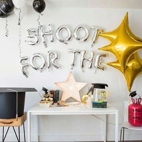 Shoot for the Stars Party Table for Graduation Party Middle School Graduation Party, Grad Party Theme, Elementary School Graduation, Elementary Graduation, Middle School Graduation, 5th Grade Graduation, Backyard Graduation Party, Outdoor Graduation Parties, Promotion Party