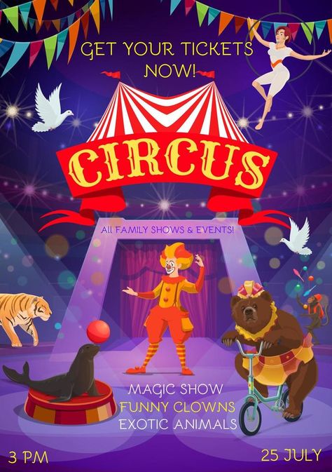 Big top circus magic show animals and clowns Acrobat Clown, Show Animals, Circus Acrobat, Circus Illustration, Big Top Circus, Circus Show, Clowns Funny, Magic Show, Family Show