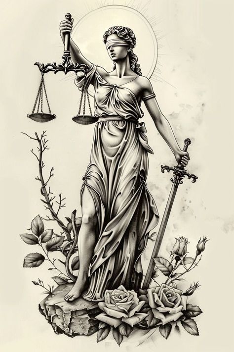 Judge Tattoo, Lady Justice Tattoo, Zippo Art, Justice Tattoo, Greek God Tattoo, Female Warrior Tattoo, M Tattoos, Scale Tattoo, Personaje Fantasy