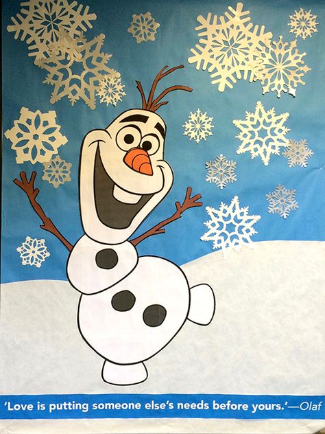 Frozen Olaf Love Snowflakes Bulletin Board #Creekside Elsa Classroom Display, Frozen Classroom Decorations, Olaf Bulletin Board Ideas, Olaf Classroom Door, Frozen Bulletin Board, Olaf Bulletin Board, Olaf Bulletin Board Ideas Winter, Valentines Classroom Door, Pto Bulletin Board