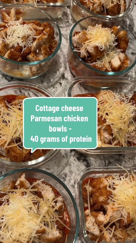 Part one Cottage cheese Parmesan chicken bowls - 40 grams of protein #proteinbowls #cottagecheese #lowcalorie #highprotein #FoodTok… | Instagram Cottage Cheese Protein Meals, Chicken Parm Protein Bowl, Chicken Parmesan Meal Prep, Hi Protein Recipes, Cottage Cheese Parmesan Chicken, High Protein Meal Prep Cottage Cheese, High Protein Chicken Parm Bowl, Quick Lunch Ideas At Home Healthy, Tik Tok Cottage Cheese Recipes