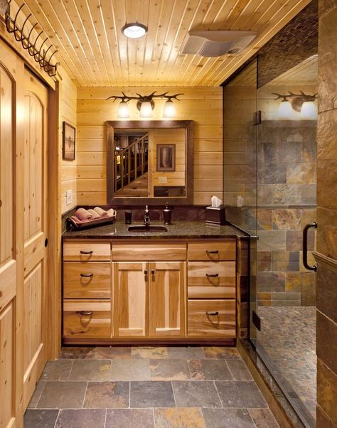 17 Best ideas about Cabin Bathrooms on Pinterest | Log cabin bathrooms,  Stone shower and Log home bathrooms Log Home Bathrooms, Log Cabin Bathrooms, Slate Bathroom Tile, Log Cabin Bathroom, Rustic Bathroom Lighting, Rustic Farmhouse Bathroom, Cabin Bathroom, Dream Cabin, Log Cabin Designs