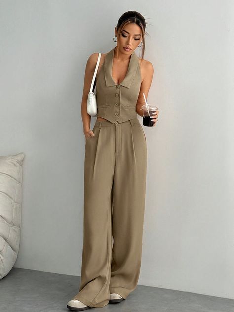 2pcs Halter Solid Color Front Tie Backless Blazer Vest And Pocket Pants Suit Set Khaki Elegant    Plain  Non-Stretch  Women Clothing, size features are:Bust: ,Length: ,Sleeve Length: Backless Blazer, Chaleco Casual, Vest Suit, Magazine Editor, Traje Casual, Pants Suit, Blazer Vest, Suit Vest, Suit Pants