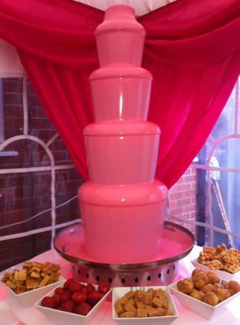 Amplify your celebration with a magnificent chocolate fountain, imbuing flavor into every second. Pink Chocolate Fountain, Chocolate Fountain Bar, Chocolate Fountain Recipes, Pink Sweet 16, Bolo Barbie, Chocolate Fountain, Barbie Birthday Party, Pink Birthday Party, Sweet 16 Birthday Party