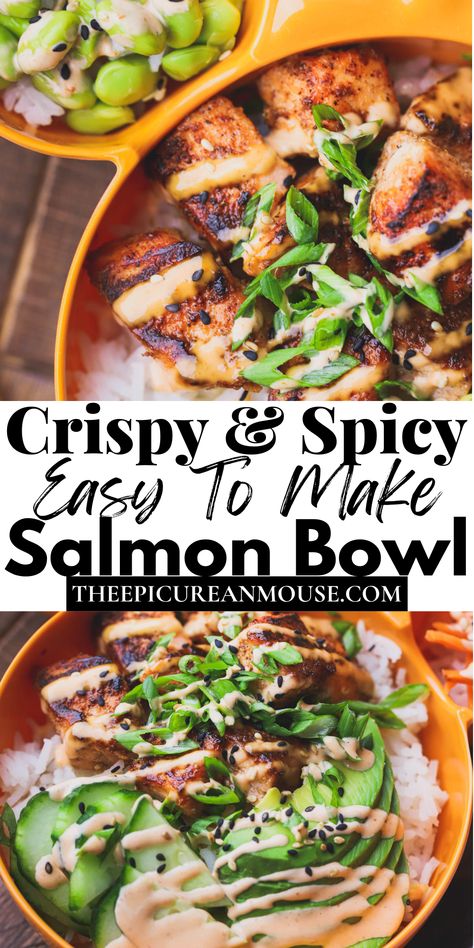 Spicy Mayo Bowl, Crunchy Salmon Bowl, Salmon Sushi Bowl Tik Tok, Macro Friendly Salmon Bowl, Salmon Burger Bowl Recipe, Spicy Salmon Rice Bowl Recipes, Coconut Rice Salmon Bowl, Crispy Spicy Salmon Bowls, Spicy Salmon Bowl Air Fryer