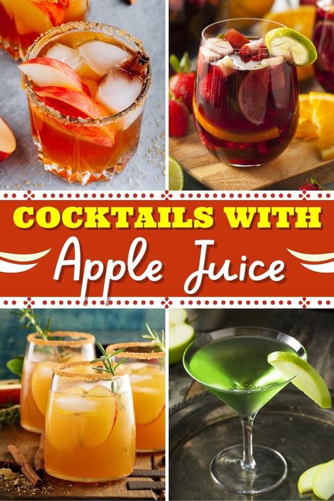 If you haven't tried any cocktails with apple juice, you're really missing out! They're sweet, fruity, and ideal for your next fall party or potluck. Sparkling Apple Juice Cocktail, Alcoholic Drinks With Apple Juice, Apple Juice Alcohol Drinks, Cocktail With Apple Juice, Apple Juice Cocktail Recipes, Apple Juice Punch, Apple Whiskey Cocktail, Apple Juice Cocktail, Apple Cocktails