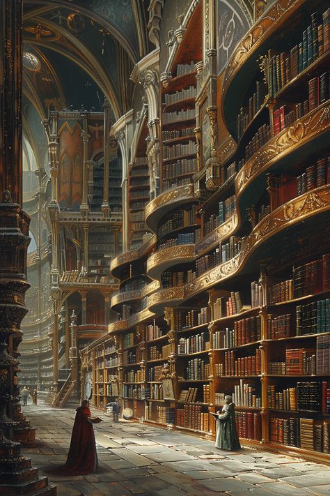 Painted Illustration of Humans in Infinite Library of Gods Infinite Library Fantasy Art, Grand Library Concept Art, Fantasy Art Library, Ancient Library Fantasy Art, Fantasy Library Concept Art, Library Concept Art, Fantasy Library Aesthetic, Ethereal Library, Giant Library