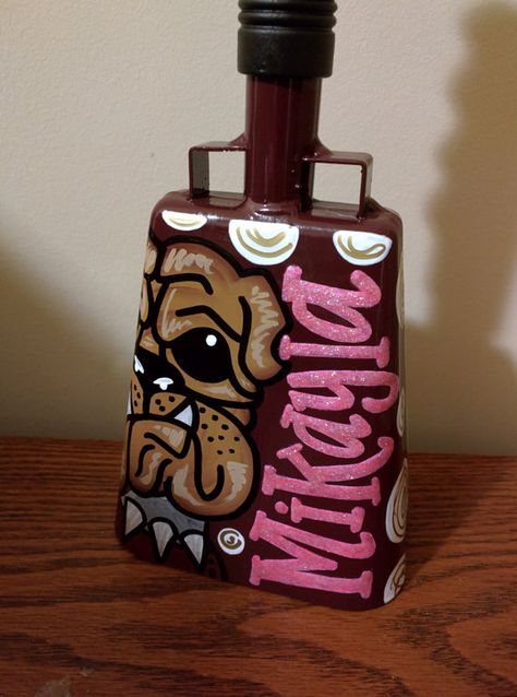 Maroon Bulldog Hand Painted Cowbell with by OnTheBrightSideArt Painted Cowbell, Football Cowbells, Msu Tailgate, Cowbell Decorations, Mississippi State Cowbell, Auburn Ideas, Msu Bulldogs, Team Crafts, College Necessities