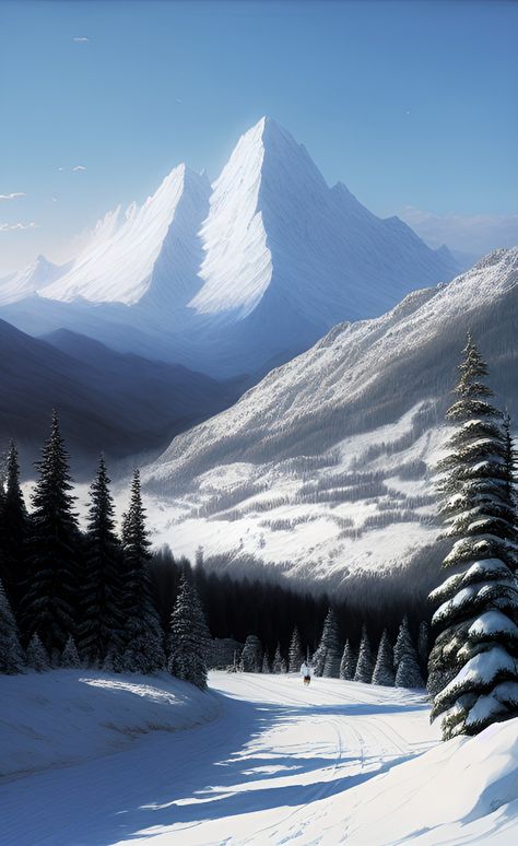 Snowy Mountains Photography, Snowy Landscape Art, Snowy Landscape Photography, Snowy Landscape Painting, Snow Mountain Aesthetic, Snowy Mountains Aesthetic, Relaxing Paintings, Snowy Mountains Painting, Snowy Forest Painting