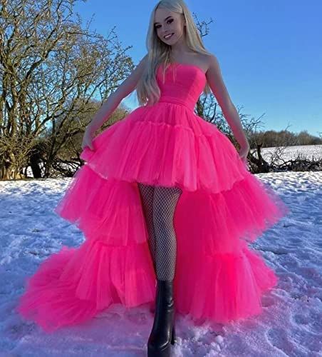 Hot Pink Prom Dresses, Side Split Prom Dress, Dresses With Train, Puffy Prom Dresses, Tulle Prom Dresses, Strapless Evening Dress, High Low Prom Dresses, Frilly Dresses, Sweetheart Prom Dress