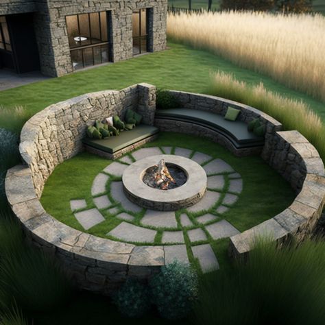 Deep Fire Pit, Big Outdoor Fire Pit Ideas, Conversation Fire Pit, Backyard Conversation Pit, In Ground Fire Pit With Seating, Underground Fire Pit, Conversation Pit Outdoor, Diy Conversation Pit, Safe Fire Pit