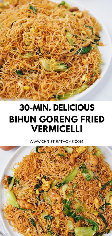 Bihun Goreng Fried Vermicelli, also known as Bee Hoon Goreng. A popular stir fried vermicelli noodle dish that originates from Indonesia and is commonly eaten in South East Asia. Bihun Goreng consists of chewy springy vermicelli noodles fried with leafy greens, tender chicken, egg, bean sprouts, and garlic. Seasoned with a sweet soy sauce for the perfect flavour. #noodles #noodle #noodlerecipes #vermicelli #indonesian #indonesianfood #asianrecipe #asianfood #indonesianrecipe #quickmeal Chinese Vermicelli Noodles, Best Vermicelli Noodles Recipes, Garlic Vermicelli Noodles, Vermicelli Mac And Cheese, Indonesian Noodle Recipes, Fried Rice Vermicelli Noodles, Vegetarian Vermicelli Recipes, Recipes With Sweet Soy Sauce, Angel Hair Vermicelli Rice Noodles