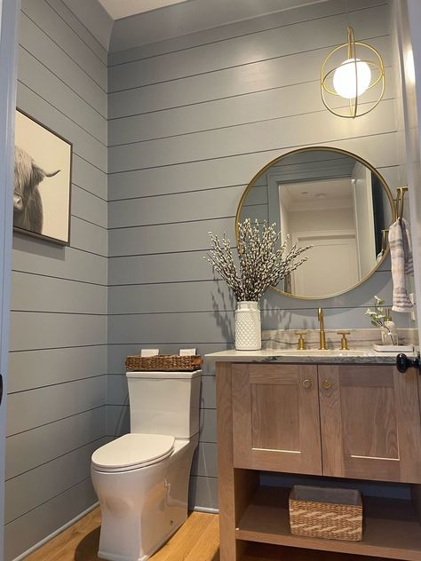 Sylvie Hey Dude Highland Cow by … curated on LTK Farmhouse Half Bathroom Ideas, Modern Farmhouse Half Bathroom, Oak Vanity Bathroom, Modern Farmhouse Powder Room, Powder Room Inspiration, Shiplap Bathroom Wall, Farmhouse Powder Room, Rustic Powder Room, Half Bath Remodel