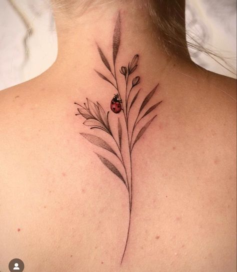 Delicate Ladybug Tattoo, Ladybug With Flower Tattoo, Flower And Ladybug Tattoo, Ladybug Tattoo Behind Ear, Realistic Ladybug Tattoo, Flying Ladybug Tattoo, Ladybug And Flower Tattoo, Ladybug On Flower Tattoo, Ladybug Flower Tattoo