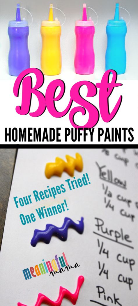 4 puff paint recipes tried. After being unsatisfied with the results, I created my own recipe, which is the best homemade puffy paint recipe I have found. This is a great craft for kids of all ages, including preschoolers, kindergarteners and older kids. #craftswithkids #activitiesforkids #homemadepaint #diy #diykids #puffypaint #puffpaint #playrecipes Puffy Paint Caramel Apple Craft, Diy Puffy Paint Recipe, Diy Puff Paint Shirt, Puffy Paint Fall Craft, How To Make Puffy Paint For Kids, Puff Paint Designs, How To Make Puff Paint, Halloween Puffy Paint, How To Make Puffy Paint