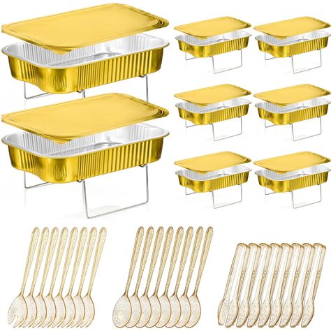 PRICES MAY VARY. Sufficient for Needs: the package comes with 8 sets of disposable chafing dishes buffet sets including 8 racks, 8 aluminum catering pans with lids, 8 plastic tongs, 8 spoons and 8 forks, offering enough quantity to meet your party or business use requirements; Please note that fuel is not included Suitable Size: the wire racks are about 9 x 6.3 x 3 inches/ 23 x 16 x 7.5 cm and the food warming pans are about 13 x 8.9 x 2.4 inches/ 33 x 22.5 x 6 cm, which can be easily applied wi Disposable Chafing Dish Display Ideas, Serving Dishes For Entertaining, Buffet Tablescapes, Food Table Decorations, Appetizer Table, Tiny Bites, Buffet Stand, Food Beef, Dish Display