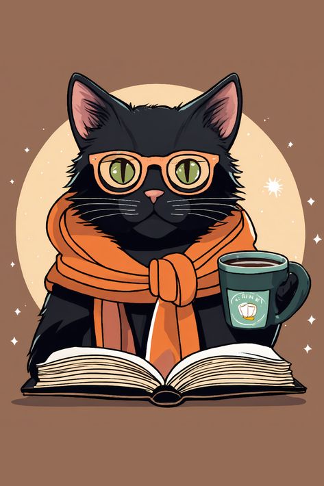 Cute Cozy Black Cat Reading Book Hoodie Cat Writing Illustration, Animals Drinking Coffee, Cat Coffee Art, Black Cat Reading, Ink Reference, Cat Reading Book, Cat Drinking Coffee, Reading Wallpaper, Reading Books Illustration