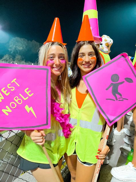 Hawaiian Student Section Theme, Glow In The Dark Pep Rally Outfits, Halloween Neon Costume, Construction Dress Up Day High School, Neon Pep Rally Outfit, Construction Spirit Day Outfit, Construction Outfit Football Game, Construction Day Spirit Week, Neon Face Paint Ideas For Football Games