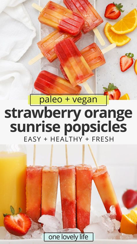 Paleo Popsicles, Popcicles Recipes, Summer Popsicle Recipes, Orange Popsicles, Fruit Popsicle Recipes, Homemade Fruit Popsicles, Vegan Popsicles, Healthy Popsicle Recipes, Strawberry Popsicles