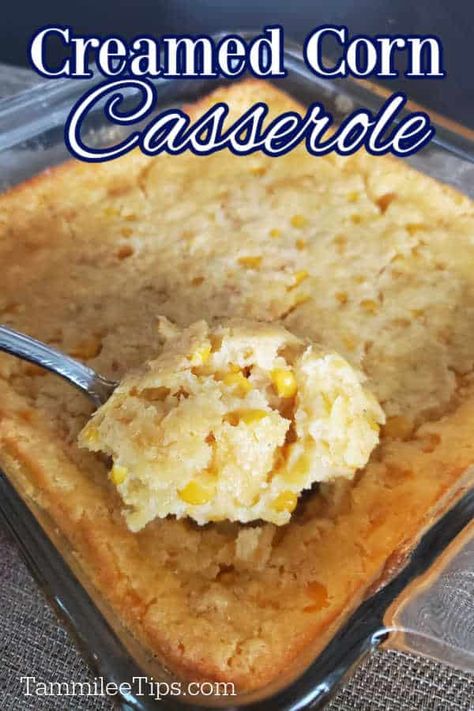 Easy Creamed Corned Casserole Recipe with Jiffy Cornbread mix, creamed corn, whole kernel corn, sour cream, and butter. This corn side dish can be mixed together in one bowl and then baked for an epic creamed corn side dish perfect for family dinner, Easter, Thanksgiving, or any day of the week. Easy Creamed Corn, Corn Casserole Jiffy, Creamed Corn Casserole Recipe, Southern Corn, Sweet Corn Casserole, Corn Butter, Corn Cream, Creamy Corn Casserole, Easy Corn Casserole