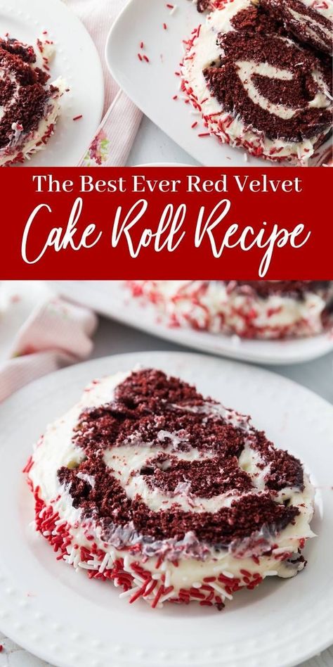 Red Velvet Cake Roll Recipe, Dessert Rolls, Red Velvet Cake Roll, Dessert List, Chocolate Roll Cake, Roll Cakes, Yule Log Cake, Cake Rolls, Christmas Delights