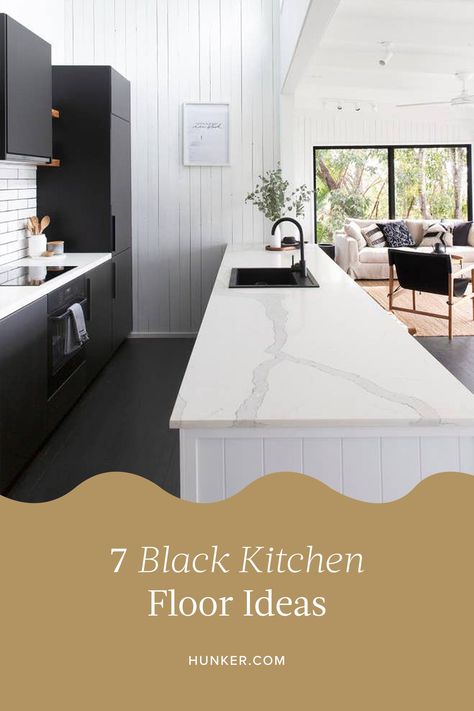 Black Kitchen Floors Ideas, Black Kitchen With Tile Floor, Black Kitchen Floor Tiles Ideas, Black Flooring Kitchen Ideas, Black Kitchen Floors White Cabinets, Kitchen Black And White Floor Tiles, Kitchens With Black Tile Floors, Black Kitchen Tiles Ideas, Black And White Kitchen Grey Floor