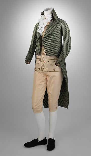 This young man’s tailcoat, with its high turned-down collar, narrow back, and wide lapels, exemplifies the exaggerated silhouette fashionable in post-revolutionary France. Striped textiles, modish from the 1760s, were ubiquitous in the dress of both sexes by the end of the century 1790s Fashion, 18th Century Mens Fashion, 18th Century Costume, 18th Century Clothing, 1800s Fashion, Regency Fashion, 18th Century Fashion, 19th Century Fashion, Period Outfit