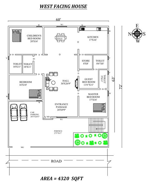 Autocad Drawing file shows 60' X 72' Spacious 3bhk west-facing House Plan As Per Vastu Shastra. The total buildup area of this house is 4320 sqft. The kitchen is in the Southeast direction and dining is in the East direction. The storeroom is in the south direction. The Hall Placed in the Northwest direction. The master bedroom is available in the southwest direction with the attached toilet is in the South direction. kid's bedroom is in the northeast direction with the attached toilet in the n 600 Sq Ft House Plans, 600 Sq Ft House, House Plans 2 Story, South Facing House, West Facing House, North Facing House, East Direction, Vastu House, Little House Plans