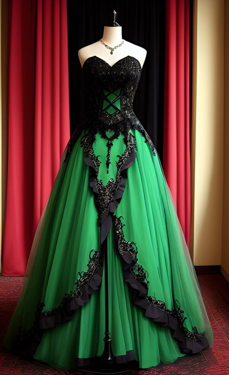 Black And Dark Green Wedding Dresses, Beautiful Green Dresses Gowns, Evil Queen Dress Gowns, Masquerade Ball Gowns Green, Black And Green Dress Gowns, Black And Emerald Green Wedding Dress, Slytherin Dress Green Gown, Green And Black Wedding Dress, Black And Green Wedding Dress