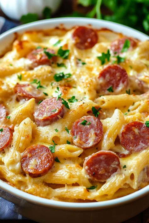 Welcome to a delightful journey through flavors with our Polish Pasta Casserole! This hearty dish combines the comforting elements of pasta with robust Polish kielbasa and a creamy, cheesy sauce that melts beautifully in the oven. Perfect for those chilly evenings or when you're in the mood for something truly satisfying, this casserole brings a Polish Pasta, Pasta With Potatoes, Kielbasa Pasta, Pasta Casserole Recipes, Kielbasa Recipes, Beef Pasta, German Recipes, Pasta Casserole, Cheesy Sauce