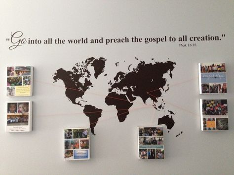 Mission wall display - like the pics around the map, look like it would be easy to switch those out Mission Decorating Ideas, Missions Wall Display, Missions Board Display, Missions Wall Church, Missions Conference Decorations, Church Missions Wall Display, Mission Board Ideas, Small Church Stage Design, Missions Wall