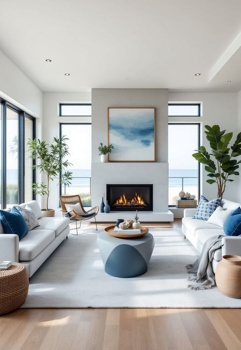 Coastal Living Room Costal Interior Living Room, Coastal Sitting Room Ideas, Modern Florida Home Interiors, Moody Coastal Decor, Modern Beach House Interior Design, California Coastal Living Room, California Coastal Interior Design, Modern Beach House Interior, Coastal Modern Living Room