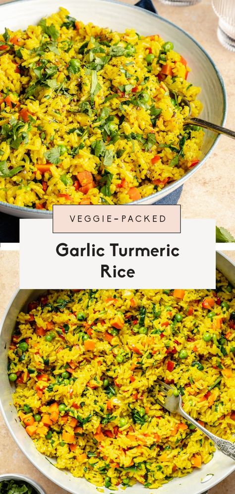 My mom's nourishing garlic turmeric rice filled with colorful veggies and fresh herbs and spices. This deliciously fluffy turmeric rice is the perfect side dish for your favorite proteins and mains! Garlic Turmeric Rice, Turmeric Rice, Colorful Veggies, Garlic Rice, Turmeric Recipes, Ambitious Kitchen, Fresh Turmeric, Frozen Veggies, Cooked Veggies