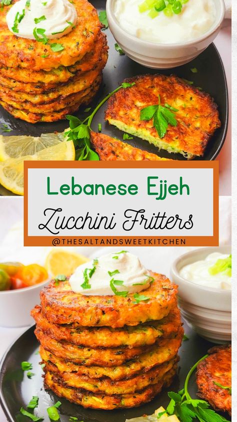 Zucchini Fritters Ejjeh Recipe, Vegetarian Zucchini Recipes, Crispy Zucchini, Middle East Recipes, Sweet Kitchen, Recipe Vegetarian, Zucchini Fritters, Lebanese Recipes, Läcker Mat