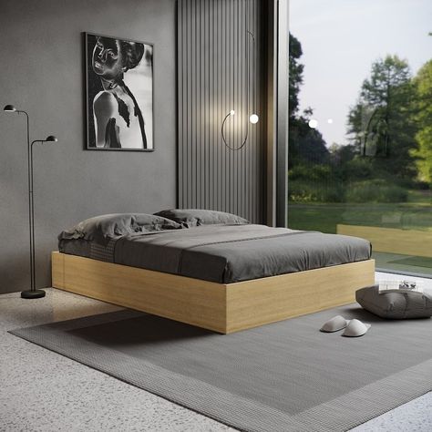 Wood Panels Bedroom, Dark Modern Bedroom, Modern Beds, Full Size Platform Bed, Wooden Platform Bed, Modern Platform Bed, Bed Wood, Standard Bed, Black Bedding