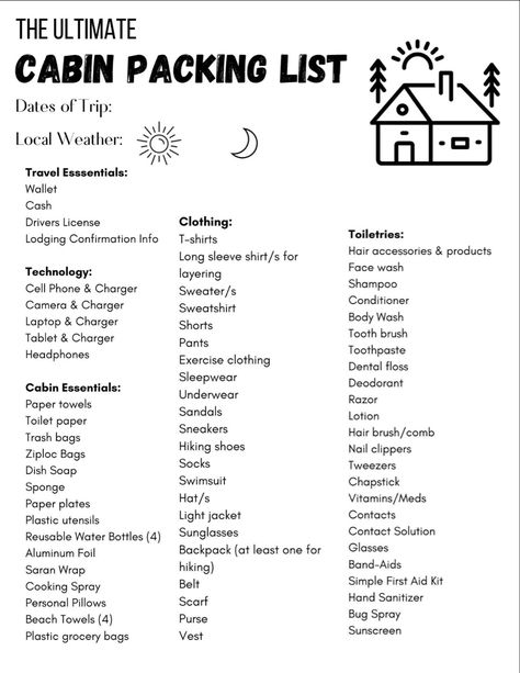 Camping In Cabin List, What To Do In A Cabin, Outfits For Cabin Weekend, Cabin Essentials Packing Lists, Weekend Camping Trip Packing List, Cabin Camping Packing List, Packing List For Tennessee, Cabin Stay Packing List, Weekend Cabin Packing List