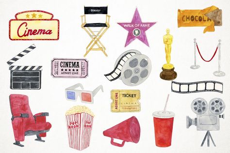 Watercolor Movie Clipart #oscar#popcorn#Includes#camera Hollywood Clipart, Movie Elements, Popcorn Clipart, Movie Clipart, Hollywood Art, Props Art, Creative Box, Movie Clip, Trader Joes